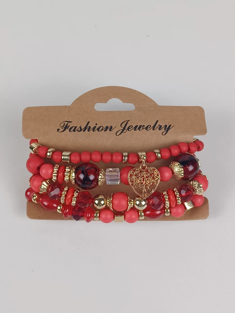 4-Piece Bohemian Beaded Bracelet Set - Red Heart & Tree Pendants
